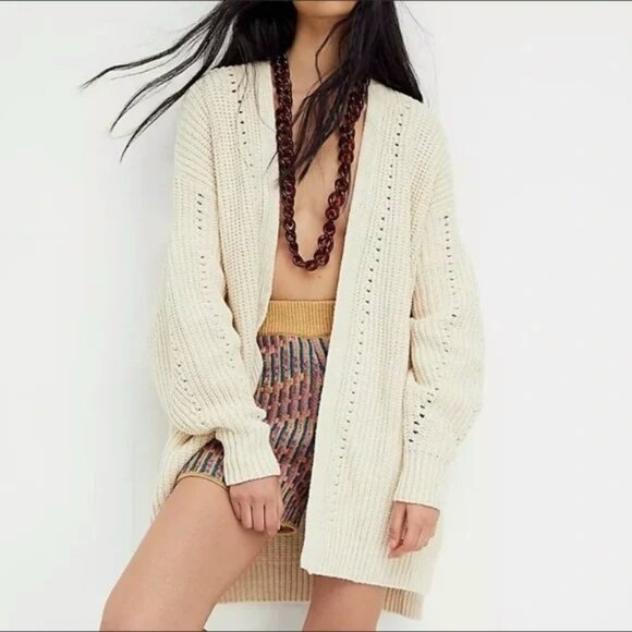 Free People Dare to Dream Cardigan Sweater Oversized Longline Cream M - Picture 1 of 7